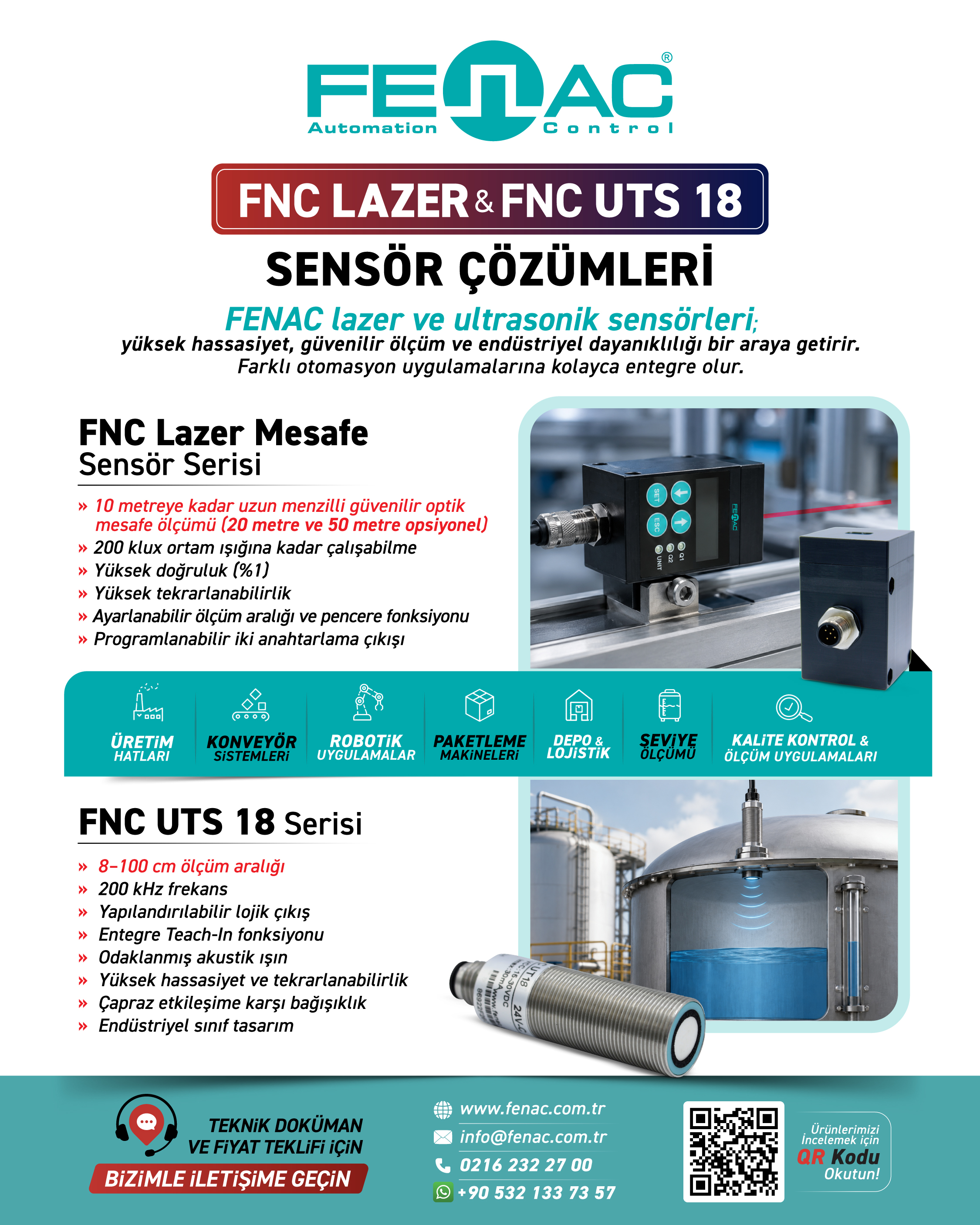 FENAC FNC Lazer Mesafe Sensörü ve FNC UTS 18 Ultrasonik Sensör Serileri